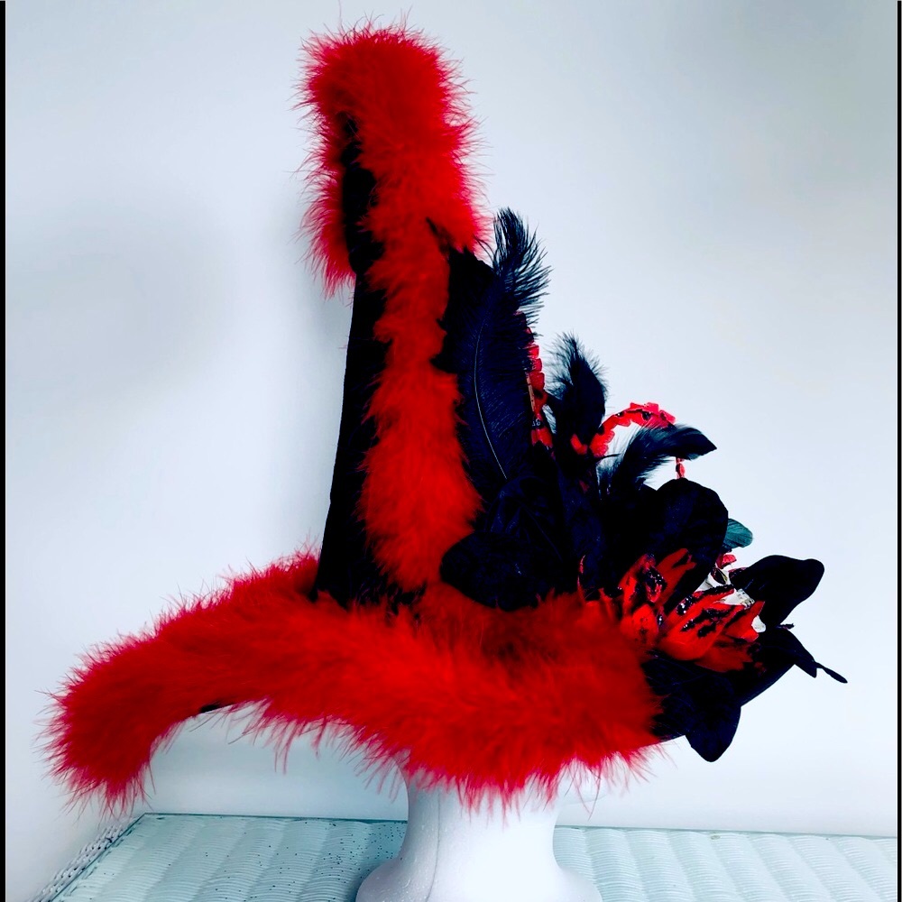 Elf victorian hat Black velvet & ted marabou feather trim Artisan one of